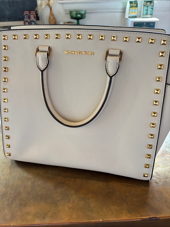 Michael Kors Handbags - MICHAEL KORS Cream Studded Saffiano Satchel with Gold Hardware